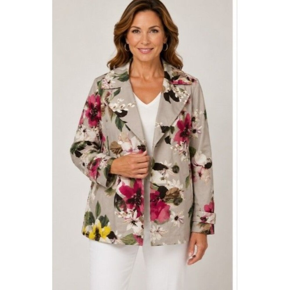 Chico's Mari Bloom Print Trench Jacket Smokey Taupe Floral LS NWT Size 4 XXL